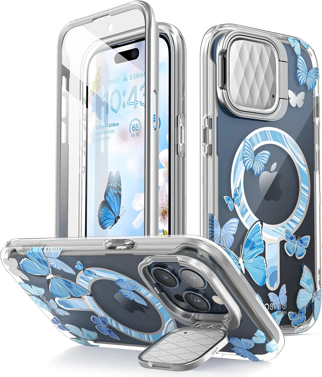 i-Blason Cosmo Magnetic for iPhone 15 Pro Max Case with Camera Cover Stand [MagSafe Compatible] Slim Full-Body Phone Case for iPhone 15 Pro Max with Built-in Screen Protector & Kickstand (Bluefly)