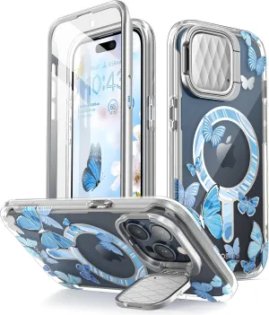 i-Blason Cosmo Magnetic for iPhone 15 Pro Max Case with Camera Cover Stand [MagSafe Compatible] Slim Full-Body Phone Case for iPhone 15 Pro Max with Built-in Screen Protector & Kickstand (Bluefly)