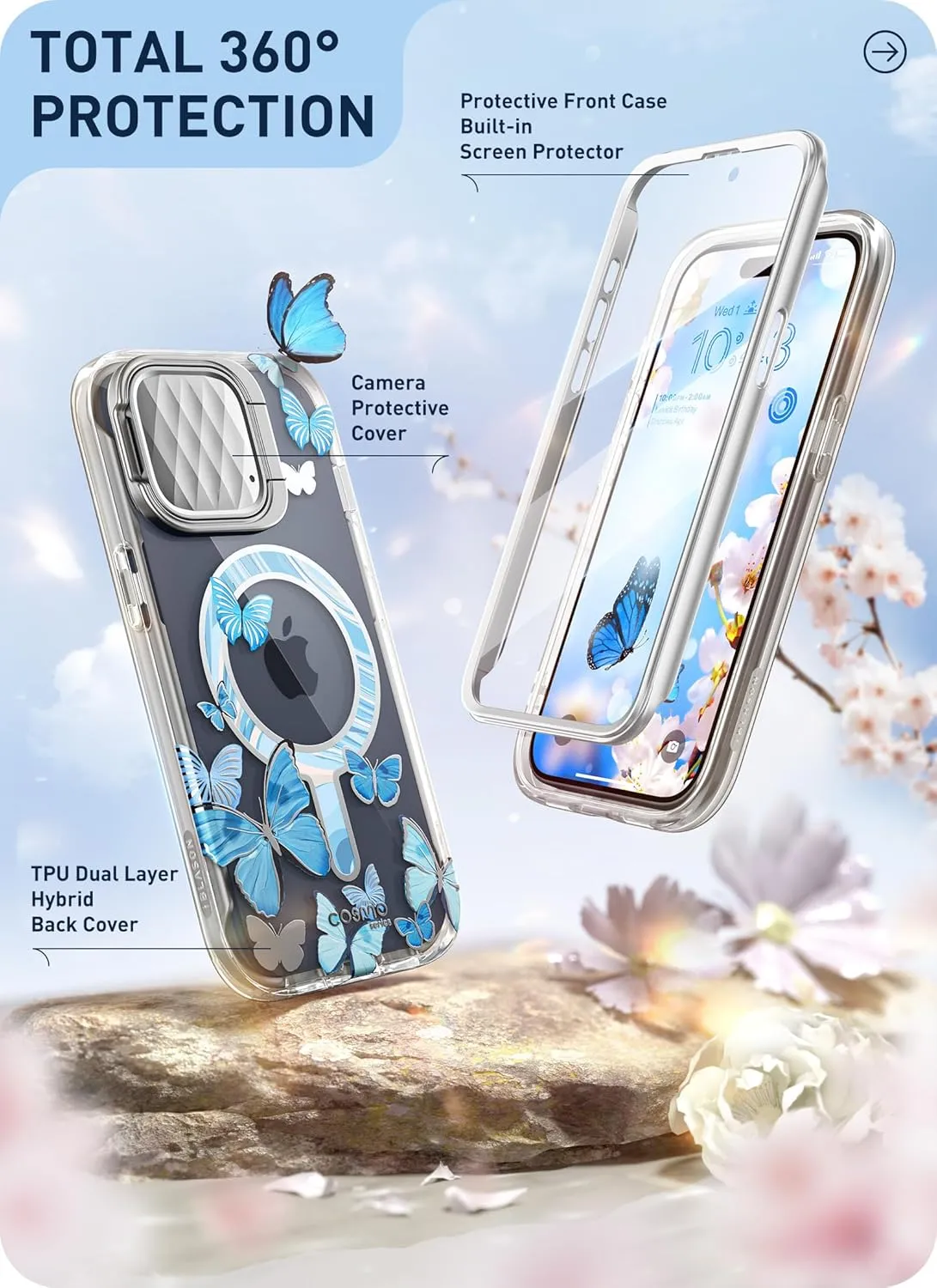 i-Blason Cosmo Magnetic for iPhone 15 Pro Max Case with Camera Cover Stand [MagSafe Compatible] Slim Full-Body Phone Case for iPhone 15 Pro Max with Built-in Screen Protector & Kickstand (Bluefly)
