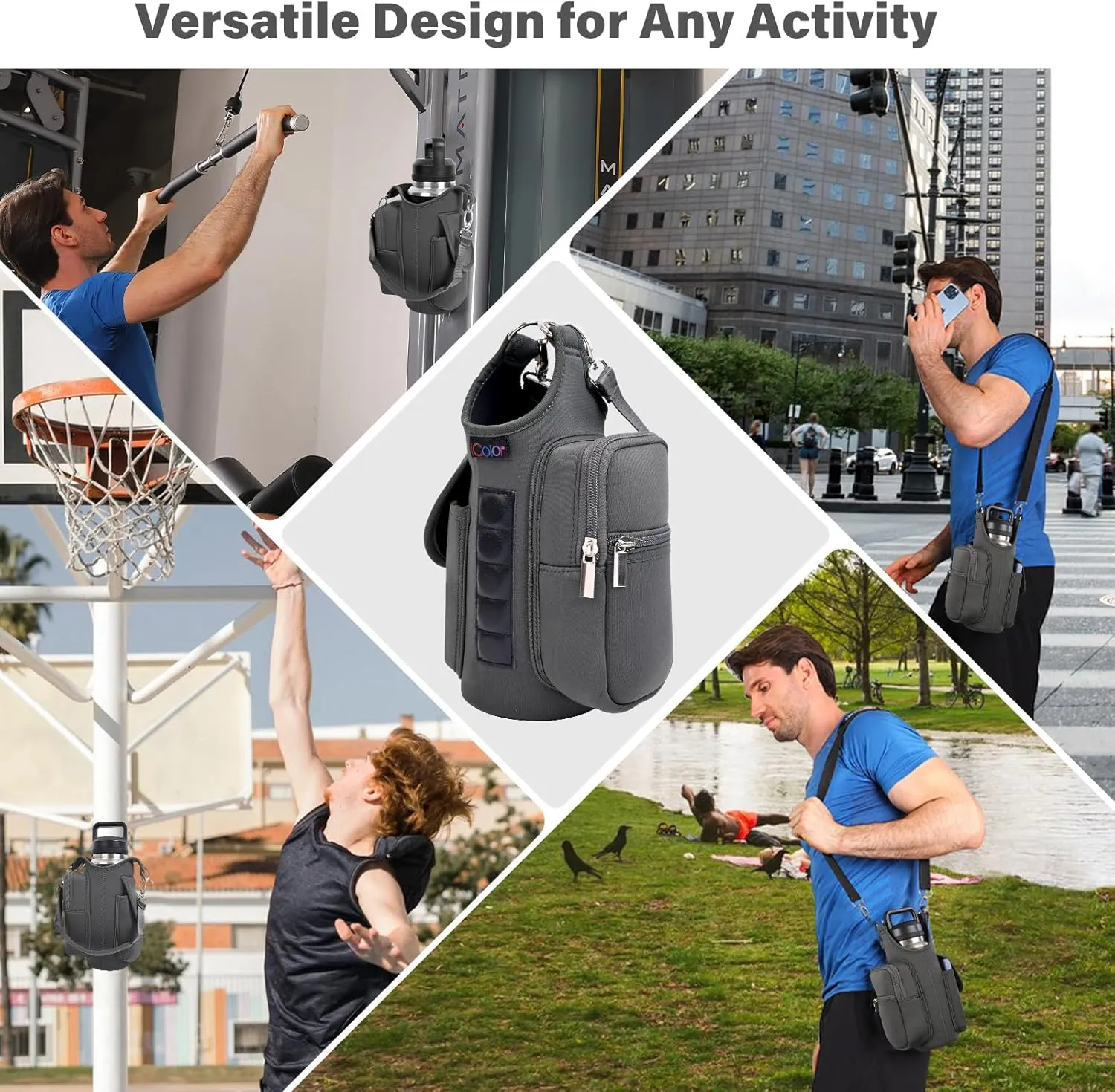 icolor Magnetic Gym Bag Water Bottle Carrier Holder with Phone Pockets & Shoulder Strap,5 Built-in Magnets Gym Bottle Pouch Sleeve,Magnetic Bag Gym Accessories Organizer for Men Women