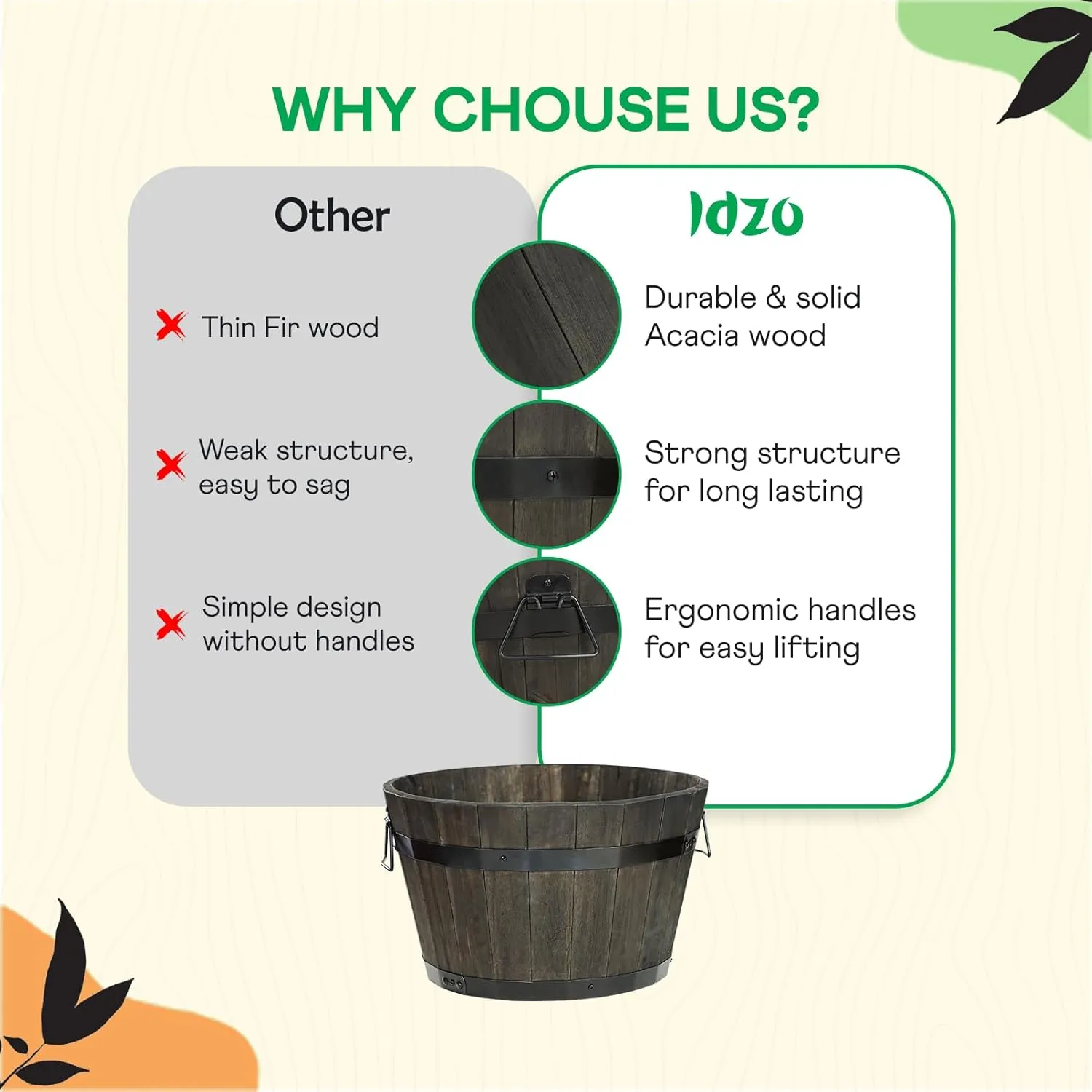IDZO Set of 3 Wooden Flower Planters for Outdoor Plants, Acacia Wood Barrel Planters, Ergonomic Handles, Drainage Holes, Various Sizes, Black