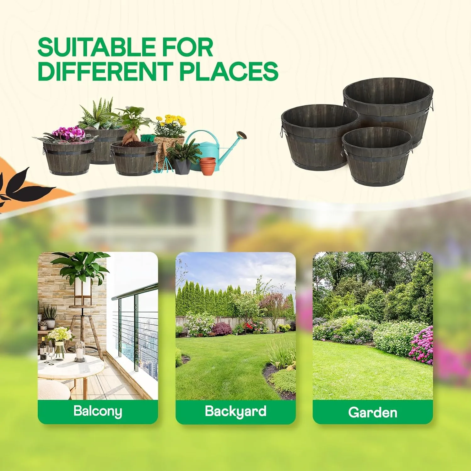 IDZO Set of 3 Wooden Flower Planters for Outdoor Plants, Acacia Wood Barrel Planters, Ergonomic Handles, Drainage Holes, Various Sizes, Black