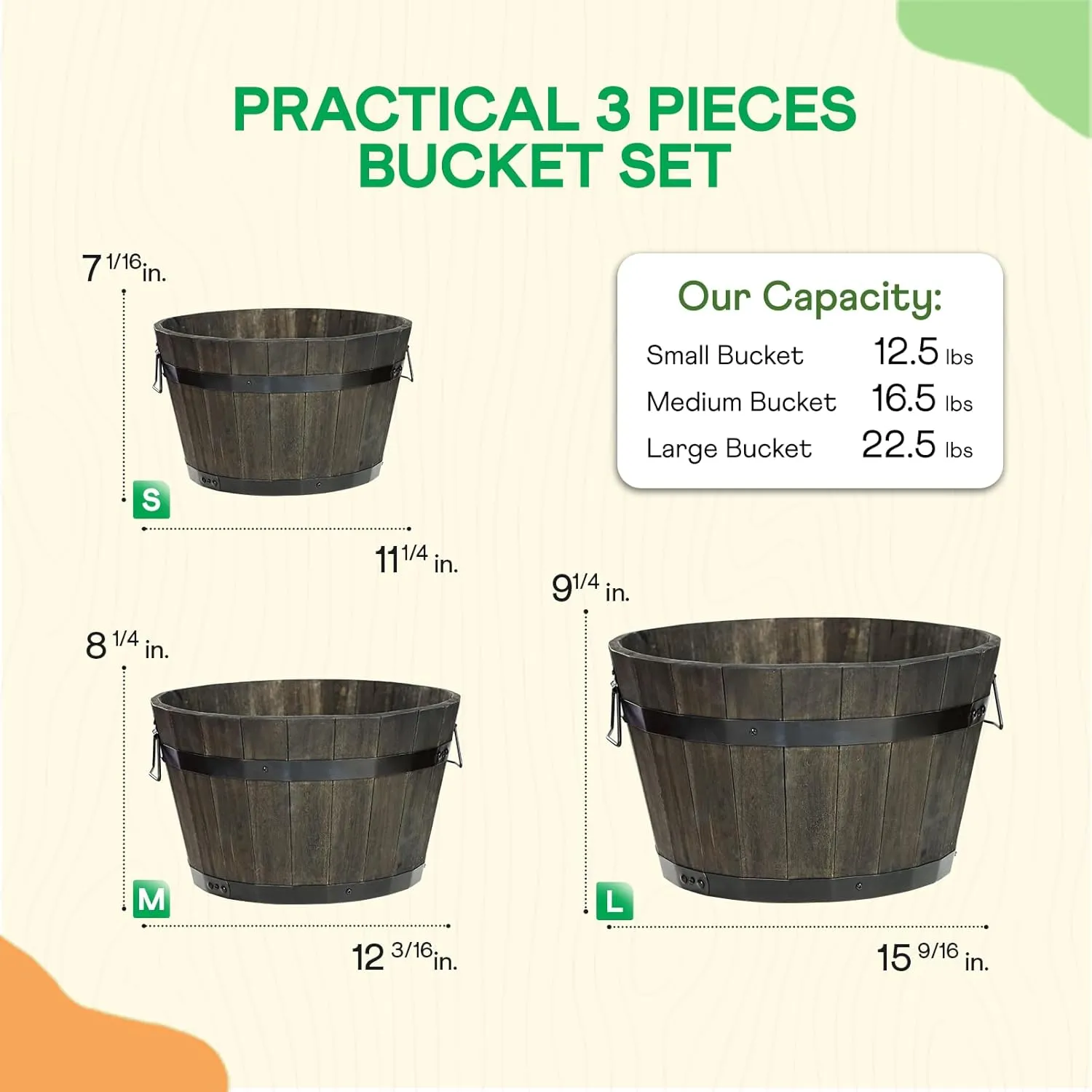 IDZO Set of 3 Wooden Flower Planters for Outdoor Plants, Acacia Wood Barrel Planters, Ergonomic Handles, Drainage Holes, Various Sizes, Black