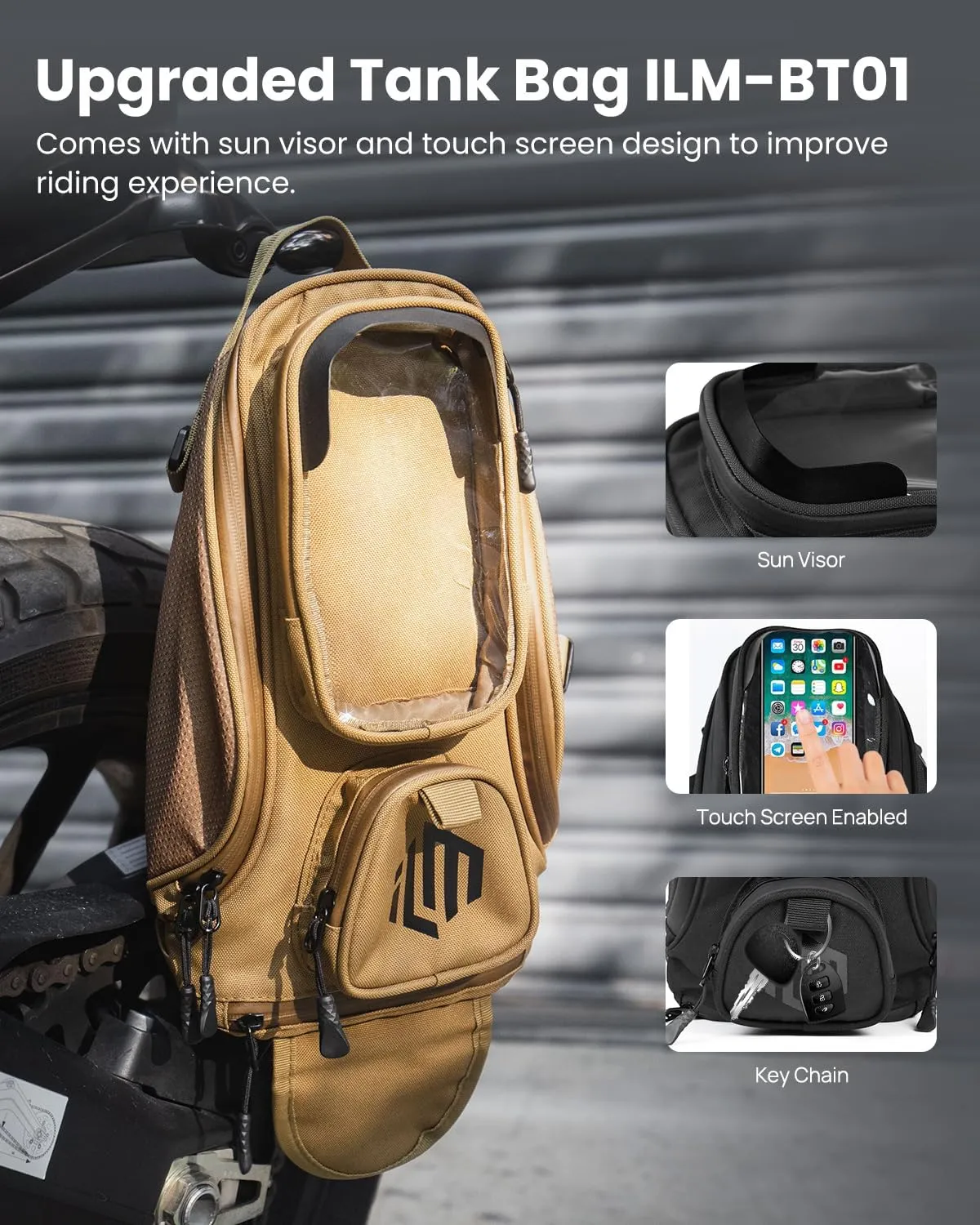 ILM Motorcycle Tank Bag Magnetic 4 Straps Reinforced Fastening Waterproof Touch Screen Phone Pouch Motorbike BT01