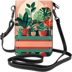 Indoor potted green plants Leather Cell Phone Purse, Lightweight Crossbody Cell Phone Bag, Travel Bag with Credit Card Slots Women's Shoulder Bag