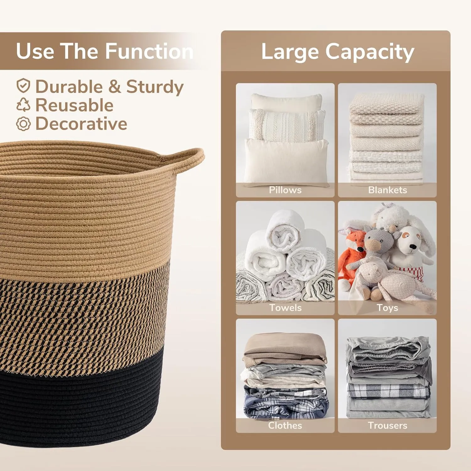 INDRESSME Laundry Basket Large Laundry Hamper, Woven Baskets for Storage, 17.8" x 15.8" x 13.8", Wicker Laundry Basket for Living Room, Dirty Clothes Basket, Baby Hamper for Nursery, Black & Jute
