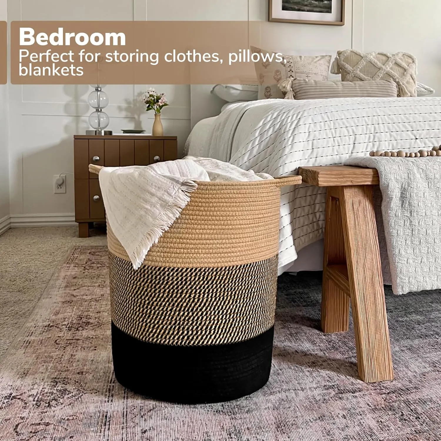 INDRESSME Laundry Basket Large Laundry Hamper, Woven Baskets for Storage, 17.8" x 15.8" x 13.8", Wicker Laundry Basket for Living Room, Dirty Clothes Basket, Baby Hamper for Nursery, Black & Jute