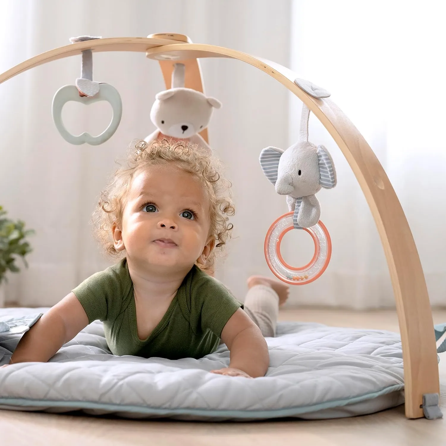 Ingenuity Cozy Spot Reversible Duvet Activity Gym & Play Mat with Wooden Toy bar - Loamy, Newborn and up