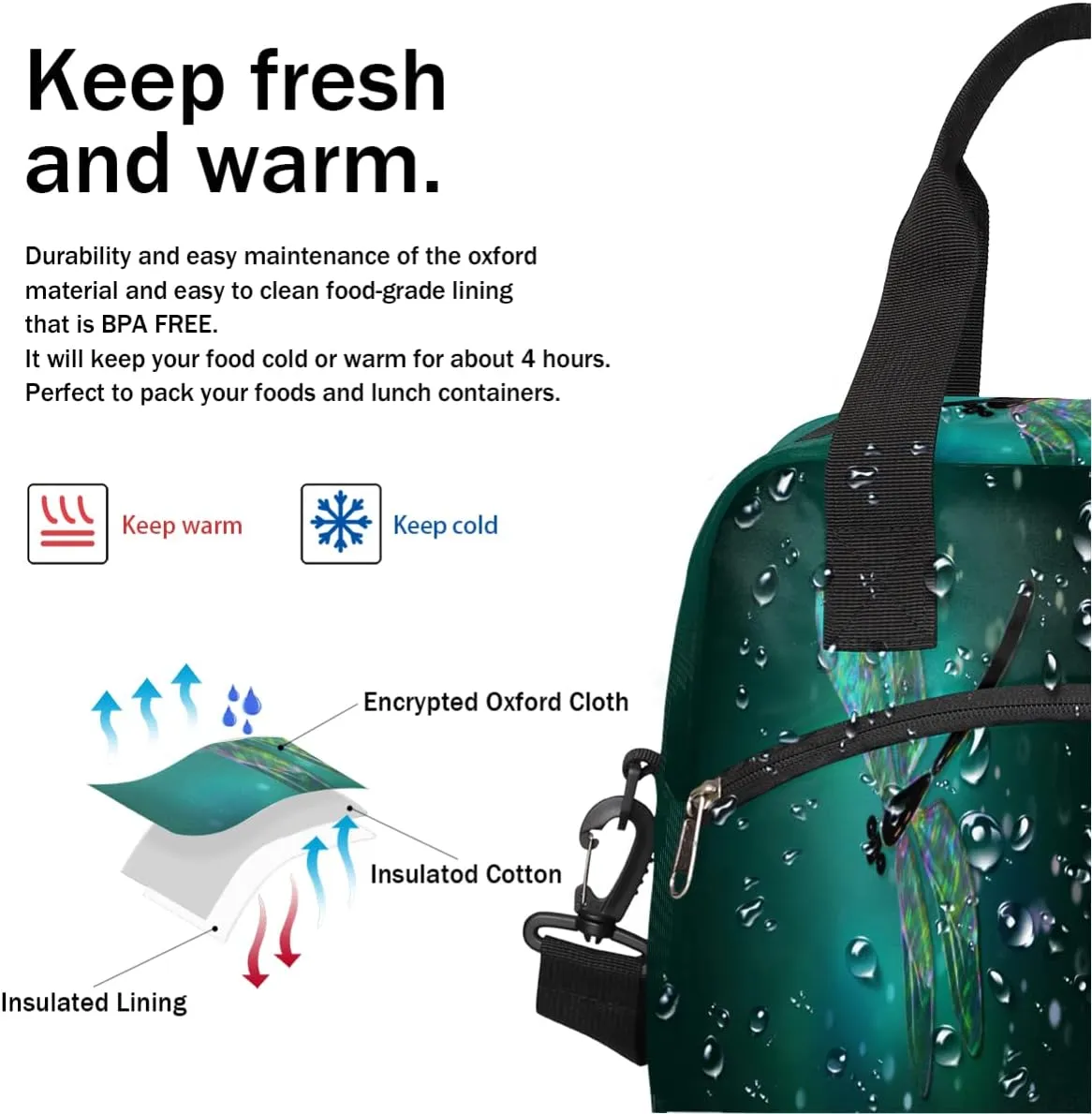 Insulated Lunch Bag for Women Men Galaxy Teal Dragonfly Pattern Lunch Box Reusable Lunch Cooler Bag Large Lunch Tote Bag for Work Picnic Travel School