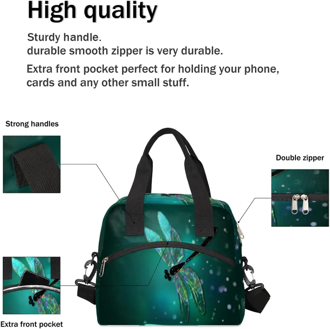 Insulated Lunch Bag for Women Men Galaxy Teal Dragonfly Pattern Lunch Box Reusable Lunch Cooler Bag Large Lunch Tote Bag for Work Picnic Travel School