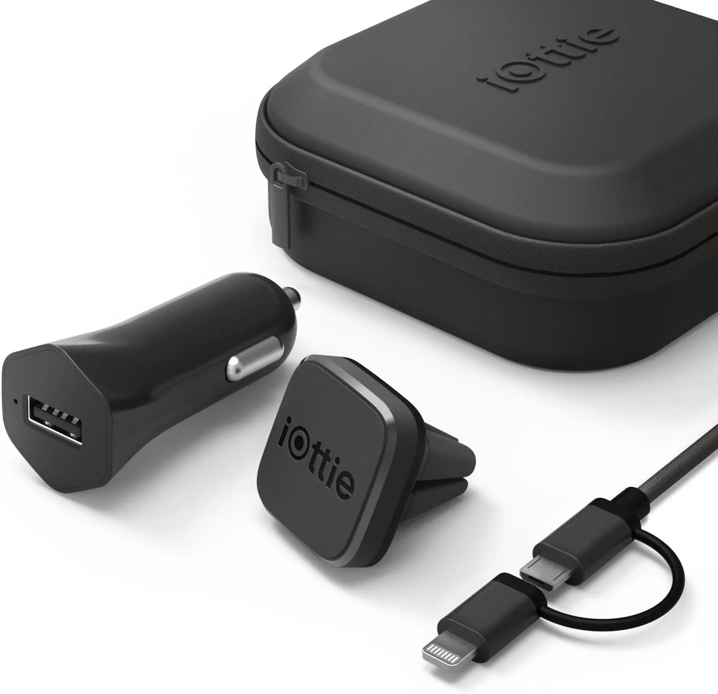 iOttie iTap Mini Travel Kit (Magnetic Car Mount Phone Holder, Lightning, Micro USB Cable & Car Charger Bundle) for iPhone X 8 Plus 7 Galaxy S9 8 Note 8 (HLTRIO110)