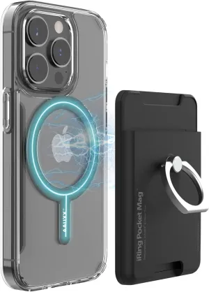 iRing Pocket Mag, Wallet Type Magnetic Phone Ring Grip & Kickstand, 2 Cards Holder, Compatible with iPhone, MagSafe & Wireless Chargers, Made in Korea (Matt Black)