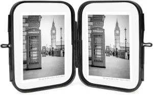 Isaac Jacobs 2x3 Vintage Style, Double-Sided Round-Edged Brass & Glass Metal Floating Picture Frame with Locket Closure (Vertical), Made for Tabletop Display (2x3, Black)