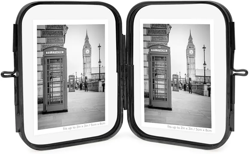 Isaac Jacobs 2x3 Vintage Style, Double-Sided Round-Edged Brass & Glass Metal Floating Picture Frame with Locket Closure (Vertical), Made for Tabletop Display (2x3, Black)