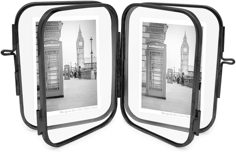 Isaac Jacobs 2x3 Vintage Style, Double-Sided Round-Edged Brass & Glass Metal Floating Picture Frame with Locket Closure (Vertical), Made for Tabletop Display (2x3, Black)