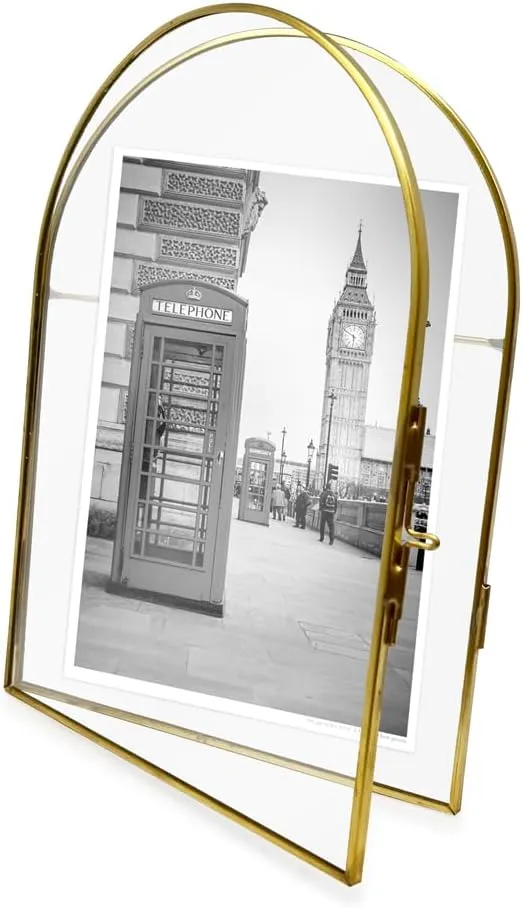 Isaac Jacobs 5x7 Vintage Style, Arched Brass & Glass Metal Floating Picture Frame with Locket Closure (Vertical), Made for Tabletop Display (5x7 Vertical, Antique Gold)
