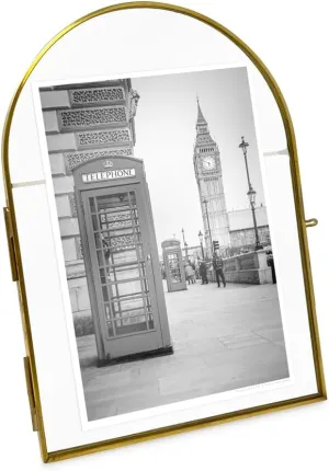 Isaac Jacobs 5x7 Vintage Style, Arched Brass & Glass Metal Floating Picture Frame with Locket Closure (Vertical), Made for Tabletop Display (5x7 Vertical, Antique Gold)