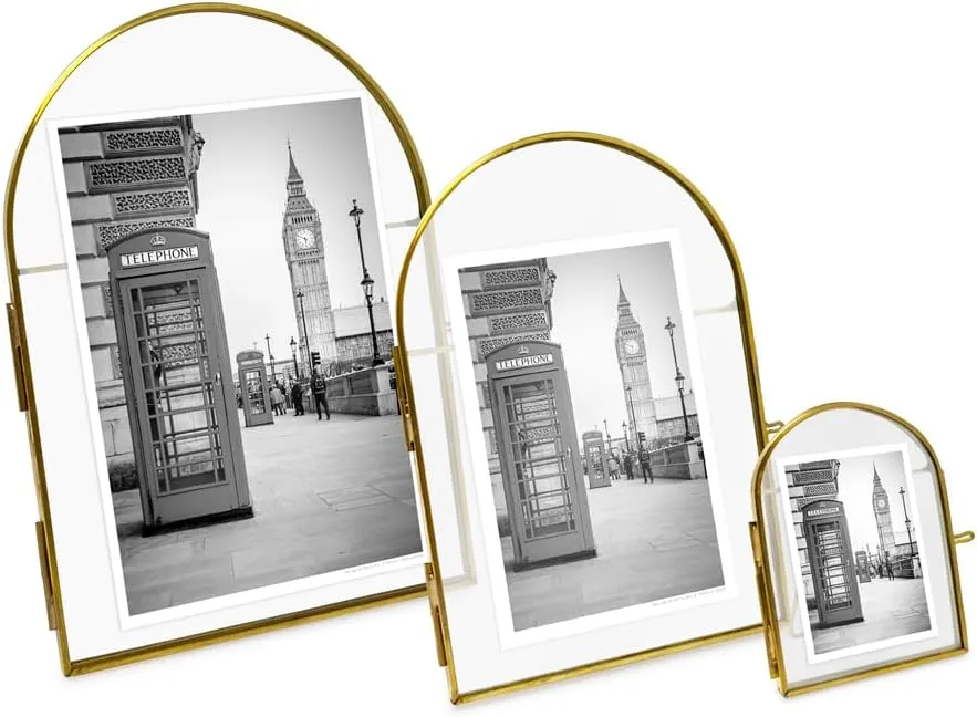 Isaac Jacobs 5x7 Vintage Style, Arched Brass & Glass Metal Floating Picture Frame with Locket Closure (Vertical), Made for Tabletop Display (5x7 Vertical, Antique Gold)