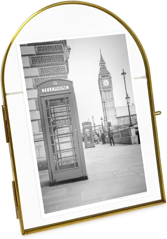 Isaac Jacobs 5x7 Vintage Style, Arched Brass & Glass Metal Floating Picture Frame with Locket Closure (Vertical), Made for Tabletop Display (5x7 Vertical, Antique Gold)
