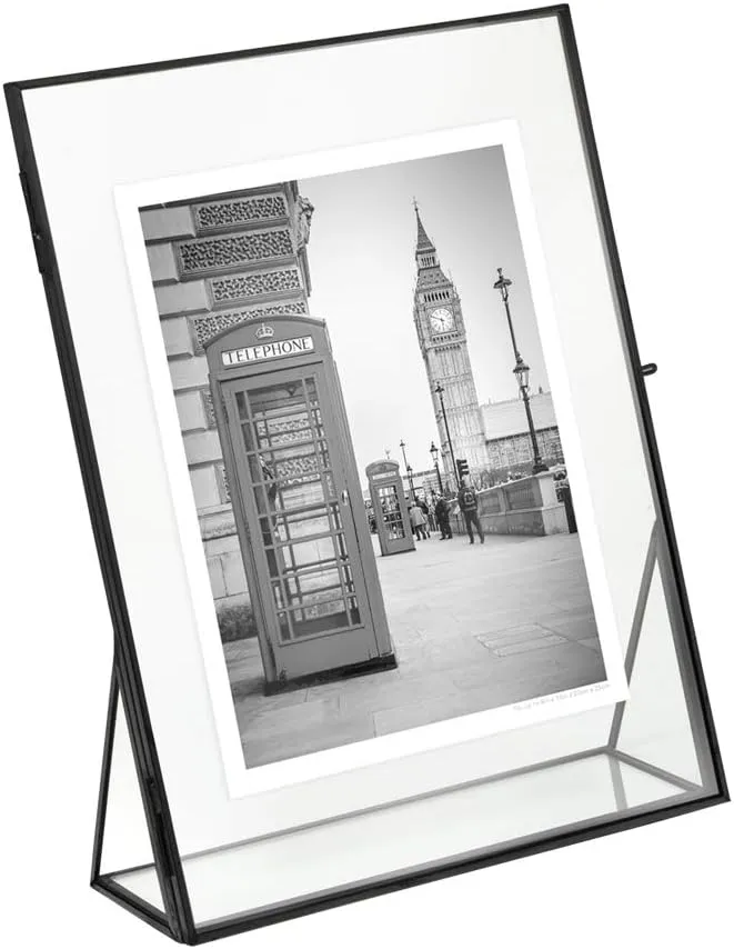 Isaac Jacobs 8x10, Black, Vintage Style Brass and Glass, Floating Photo Frame, Metal, (Vertical), with Locket Closure and Angled Base, for Pictures, Art, Mementos, Keepsakes (8x10, Black)