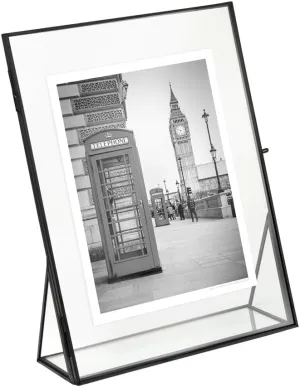 Isaac Jacobs 8x10, Black, Vintage Style Brass and Glass, Floating Photo Frame, Metal, (Vertical), with Locket Closure and Angled Base, for Pictures, Art, Mementos, Keepsakes (8x10, Black)