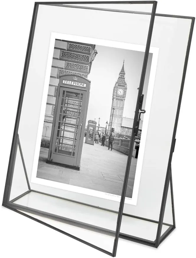 Isaac Jacobs 8x10, Black, Vintage Style Brass and Glass, Floating Photo Frame, Metal, (Vertical), with Locket Closure and Angled Base, for Pictures, Art, Mementos, Keepsakes (8x10, Black)