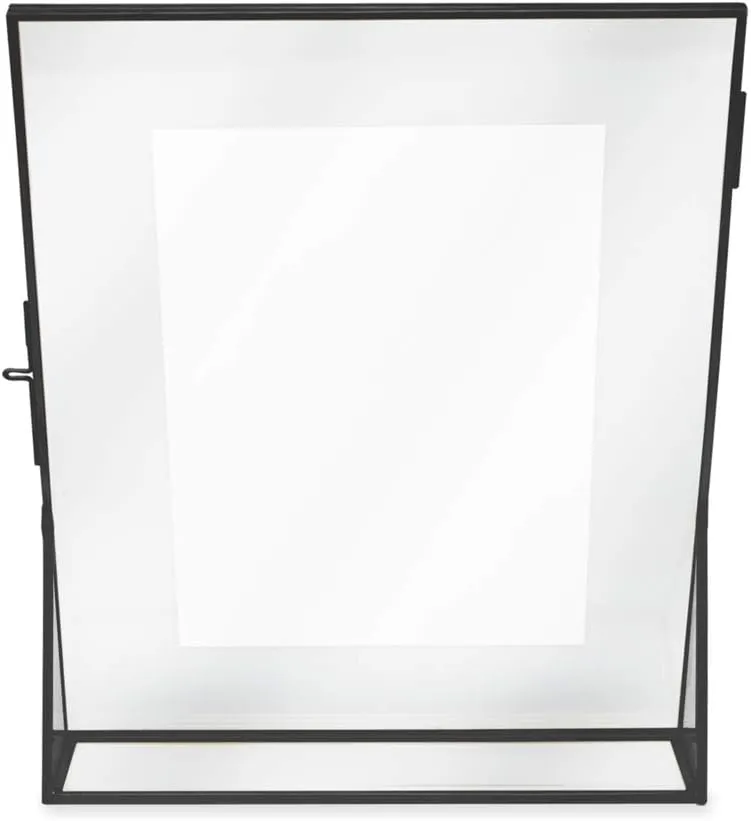 Isaac Jacobs 8x10, Black, Vintage Style Brass and Glass, Floating Photo Frame, Metal, (Vertical), with Locket Closure and Angled Base, for Pictures, Art, Mementos, Keepsakes (8x10, Black)