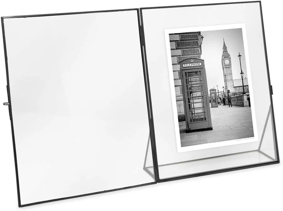 Isaac Jacobs 8x10, Black, Vintage Style Brass and Glass, Floating Photo Frame, Metal, (Vertical), with Locket Closure and Angled Base, for Pictures, Art, Mementos, Keepsakes (8x10, Black)