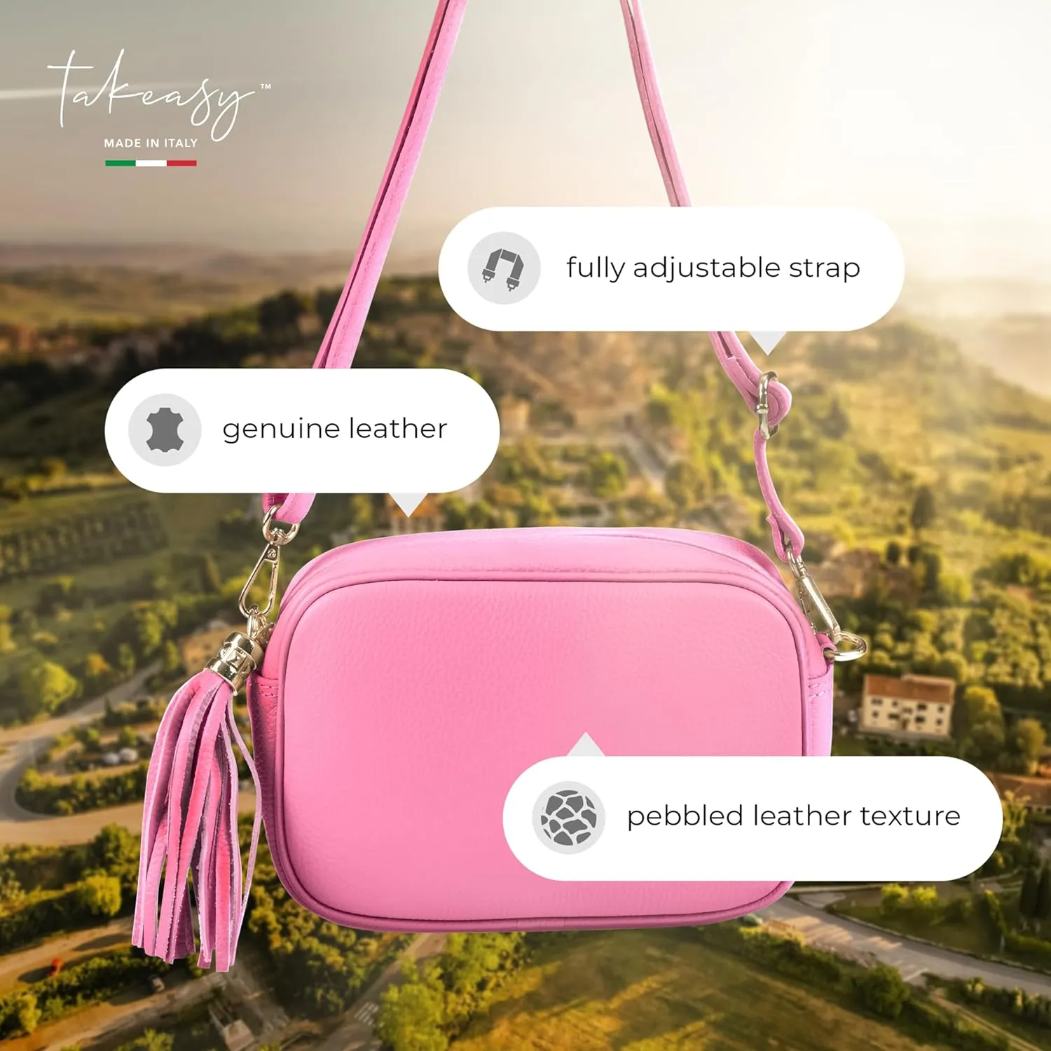 Italian Genuine Calf Leather Crossbody Bag for Women with Zip Strap Tassel | Small Camera Purse Shoulder Handbag Pocketbook