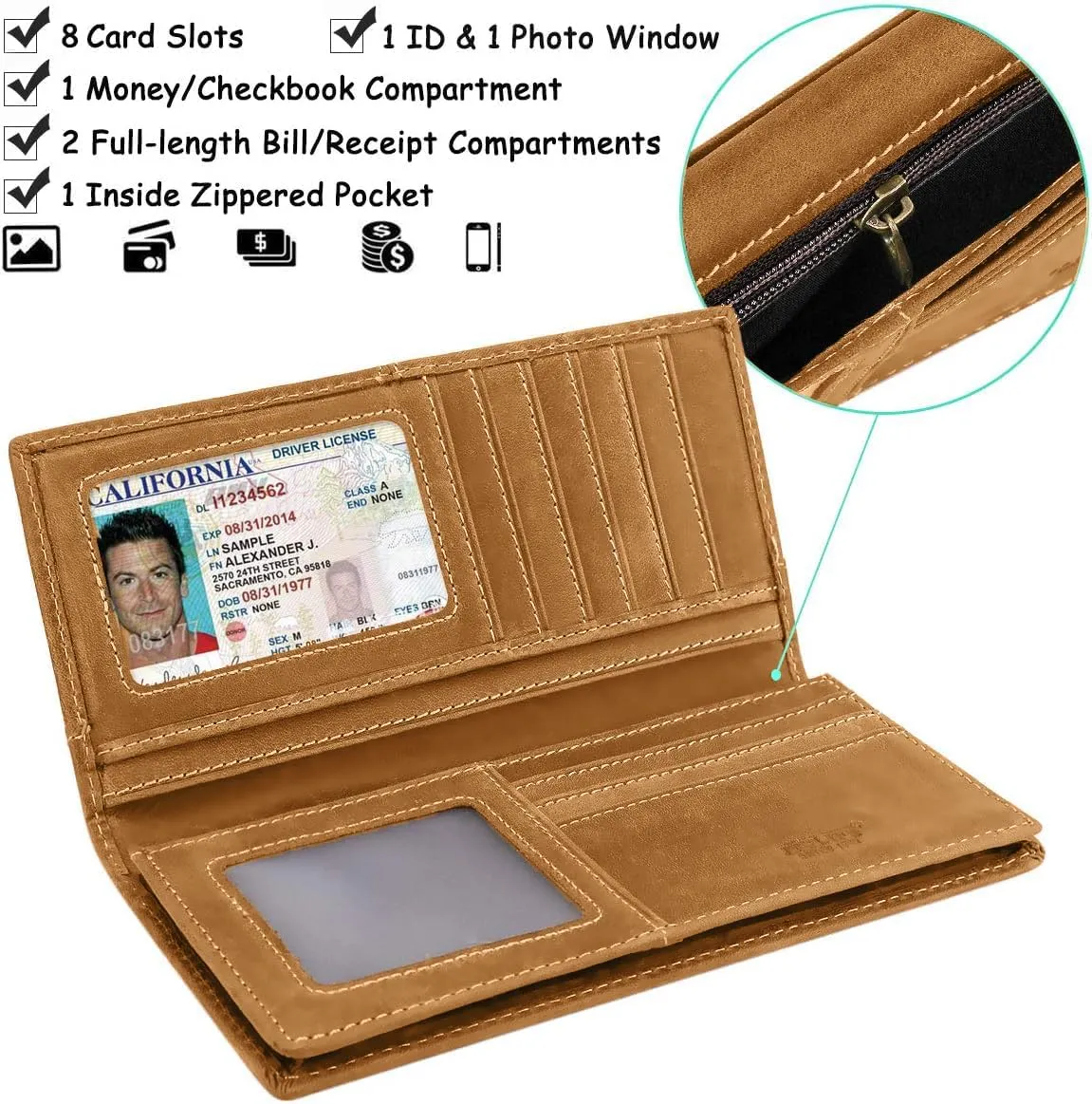 Itslife Men's RFID Vintage Look Genuine Leather Long Bifold Wallet Checkbook Wallets for Men