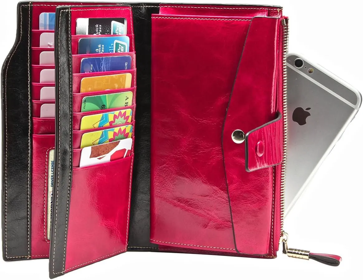 Itslife Womens Wallet RFID Blocking Large Capacity Luxury Wax Genuine Leather Wallets Clutch Wallet Ladies Card holder