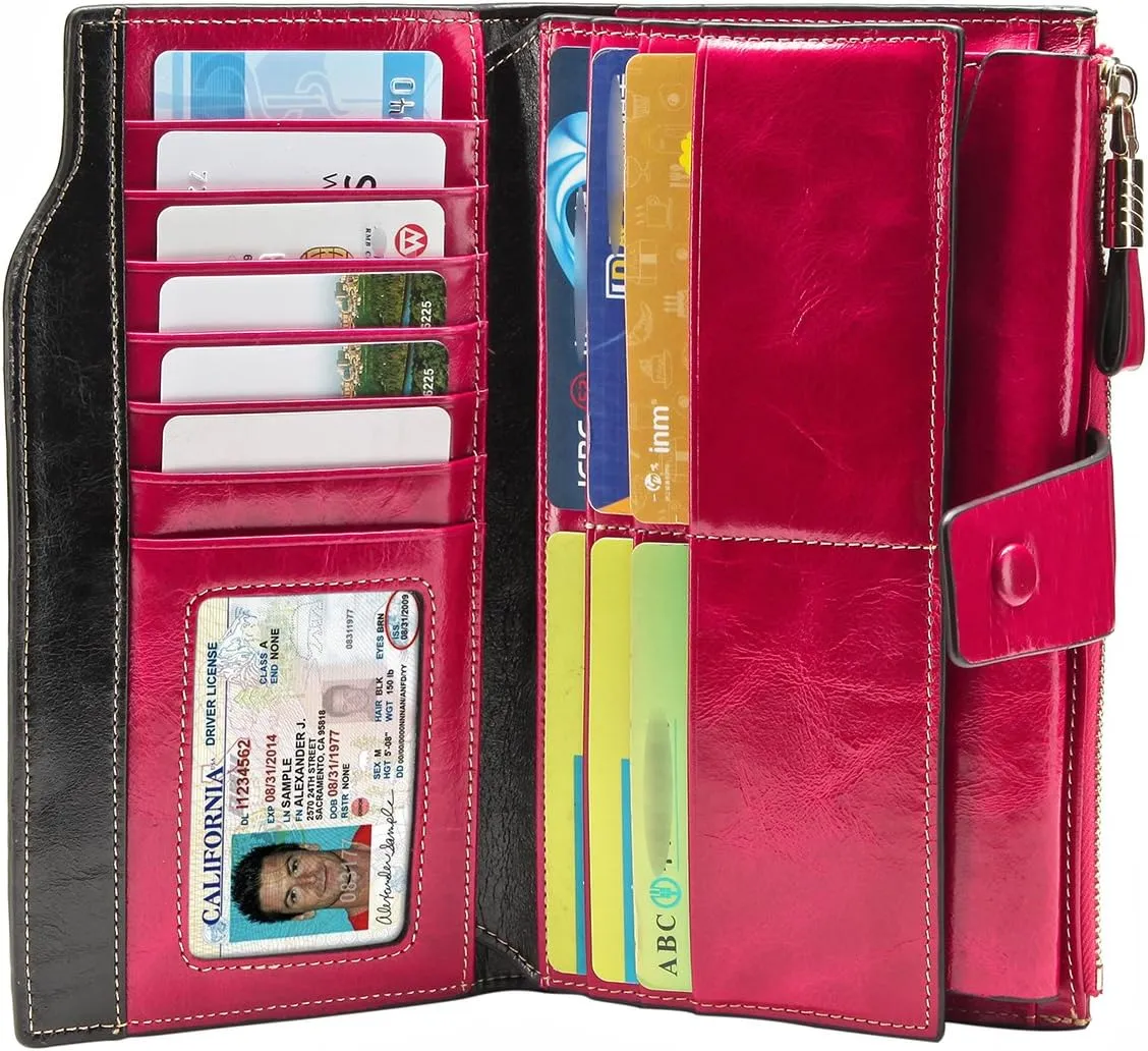 Itslife Womens Wallet RFID Blocking Large Capacity Luxury Wax Genuine Leather Wallets Clutch Wallet Ladies Card holder