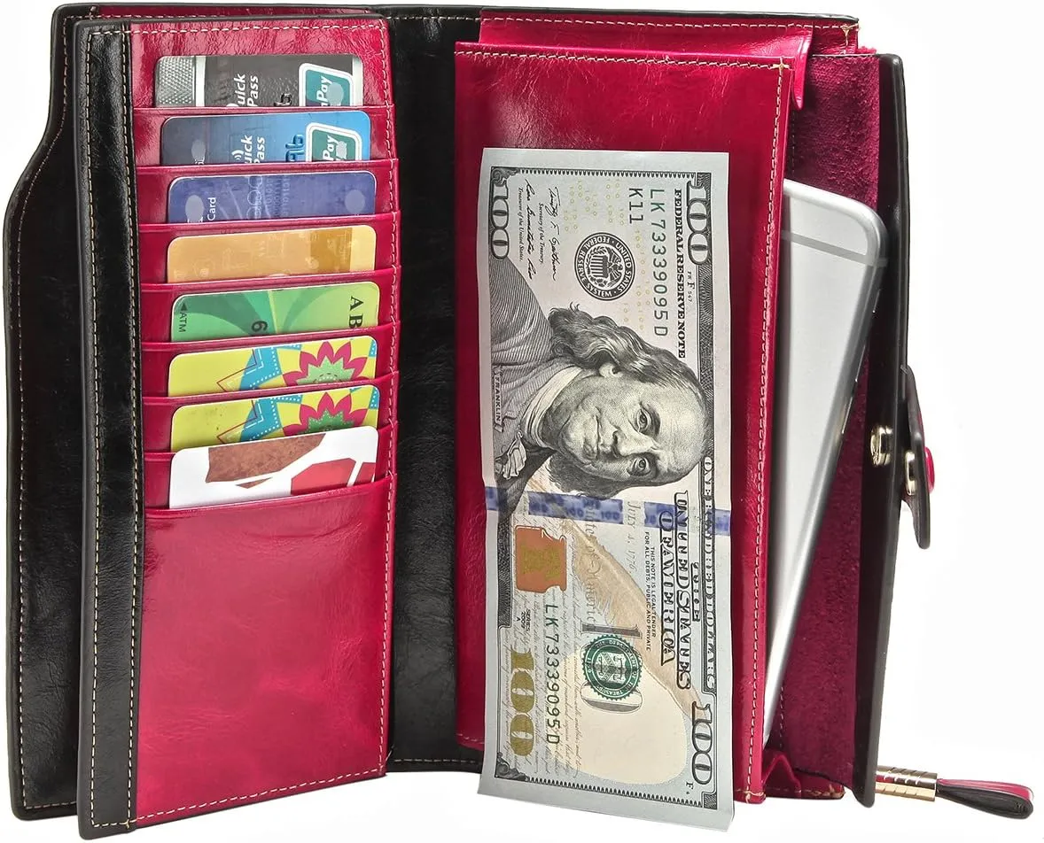 Itslife Womens Wallet RFID Blocking Large Capacity Luxury Wax Genuine Leather Wallets Clutch Wallet Ladies Card holder