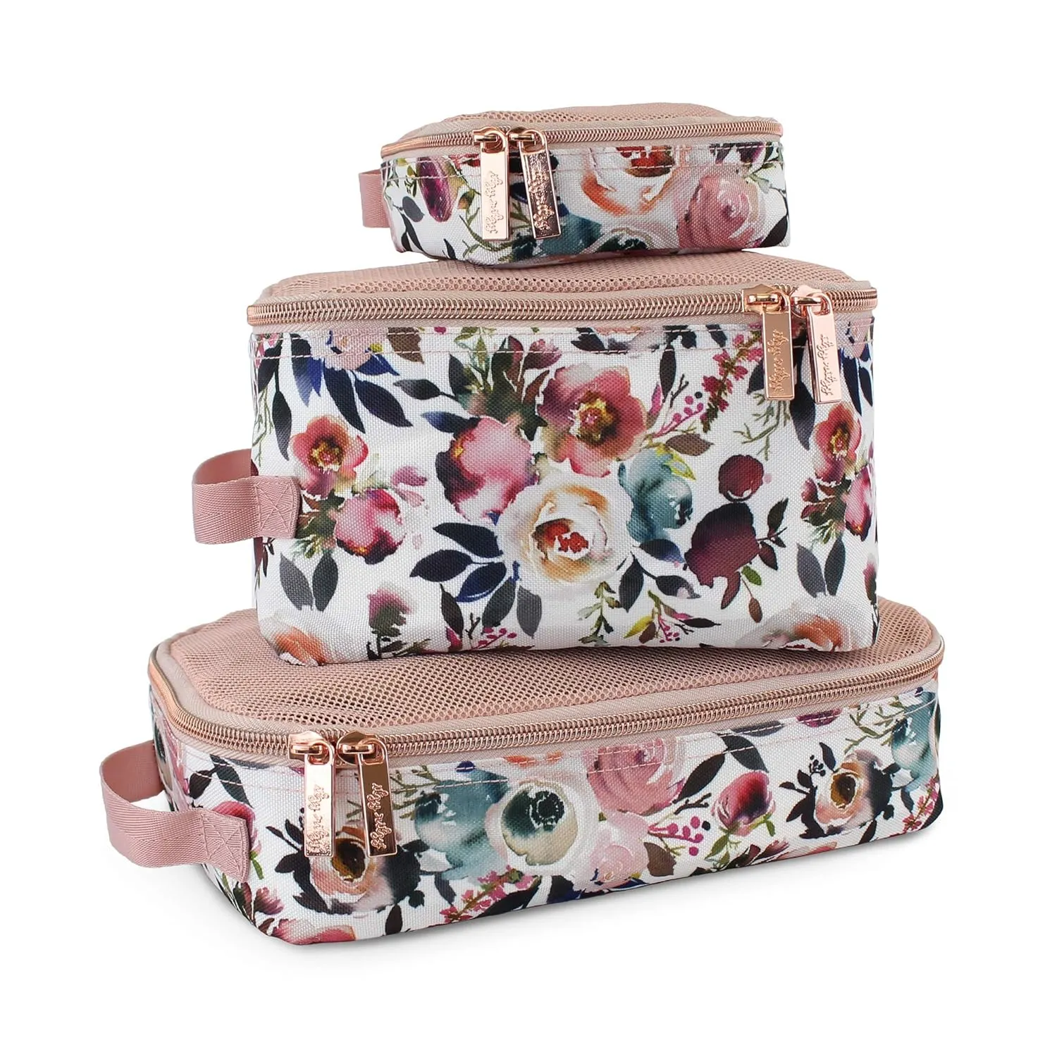 Itzy Ritzy Packing Cubes For Travel – Set of 3 Packing Cubes or Travel Organizers; Each Cube Features a Mesh Top, Double Zippers and a Fabric Handle (Blush Floral)