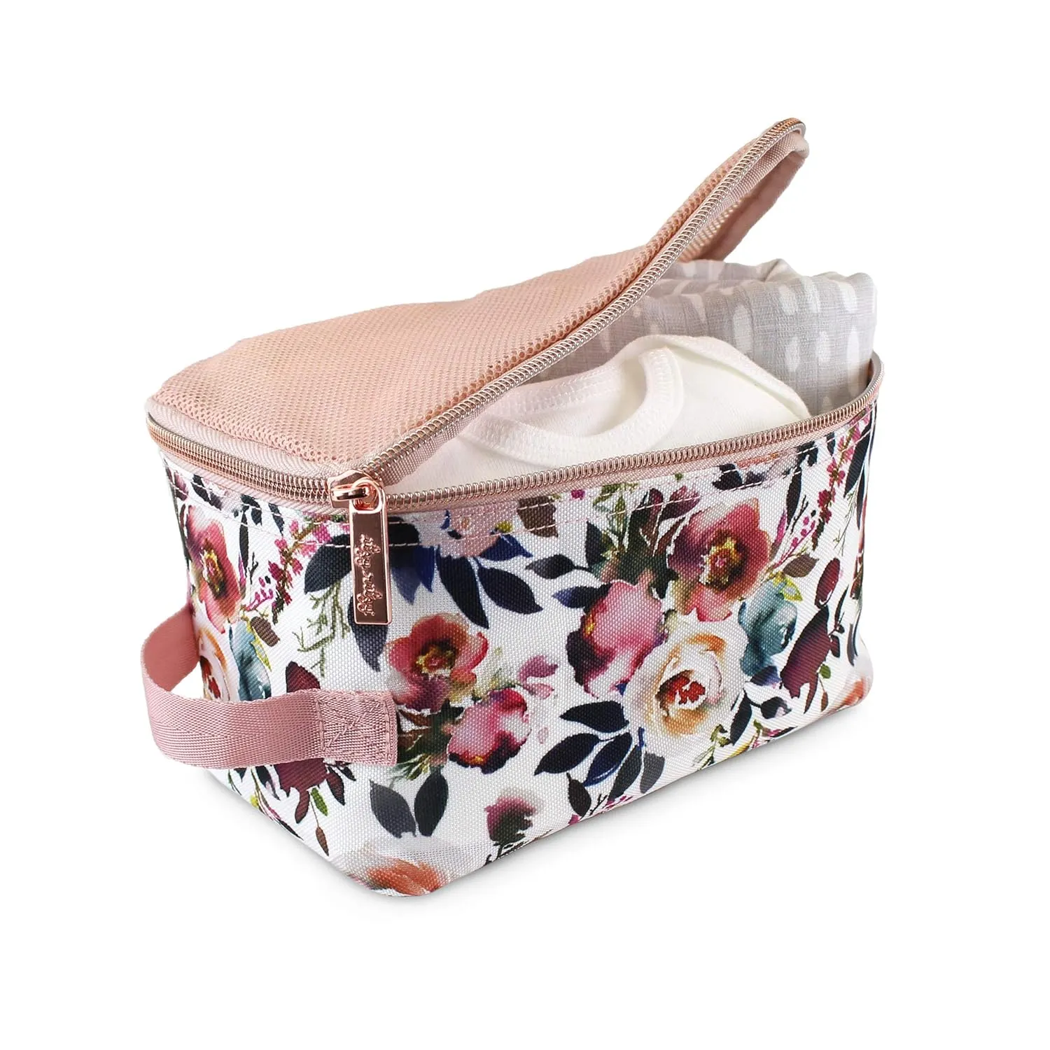 Itzy Ritzy Packing Cubes For Travel – Set of 3 Packing Cubes or Travel Organizers; Each Cube Features a Mesh Top, Double Zippers and a Fabric Handle (Blush Floral)