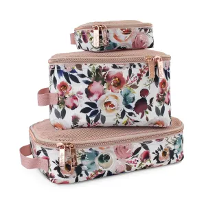 Itzy Ritzy Packing Cubes For Travel – Set of 3 Packing Cubes or Travel Organizers; Each Cube Features a Mesh Top, Double Zippers and a Fabric Handle (Blush Floral)