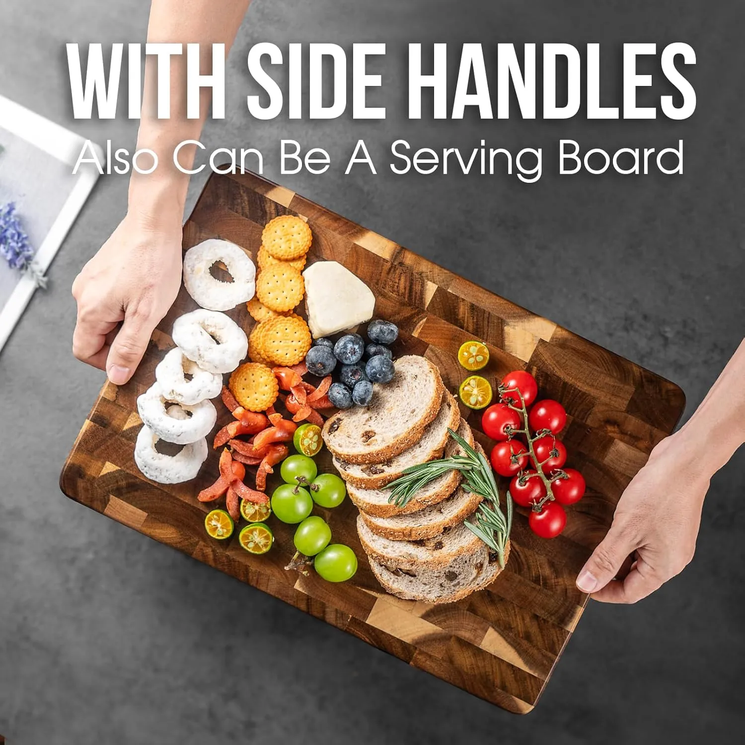 James.F Wood Cutting Board for Kitchen with Side Handles,End Grain Cutting Boards, Acacia Wooden Butcher Block, Large Chopping Board for Meat Bread Cheese(15.74"x11"x1")