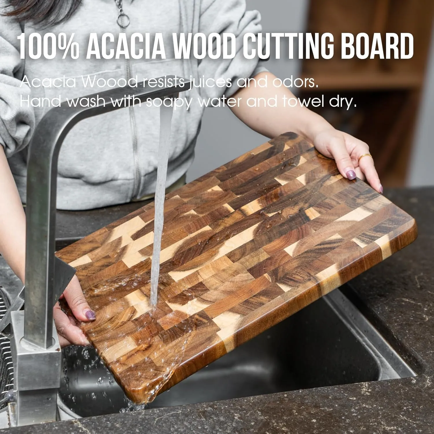 James.F Wood Cutting Board for Kitchen with Side Handles,End Grain Cutting Boards, Acacia Wooden Butcher Block, Large Chopping Board for Meat Bread Cheese(15.74"x11"x1")