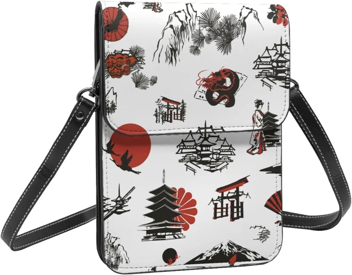 Japan Landmarks and Cultural Print White Crossbody Cell Phone Purse for Womens Lightweight Small Soft Leather Fashion Travel Wallet with Adjustable Strap