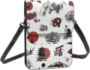 Japan Landmarks and Cultural Print White Crossbody Cell Phone Purse for Womens Lightweight Small Soft Leather Fashion Travel Wallet with Adjustable Strap