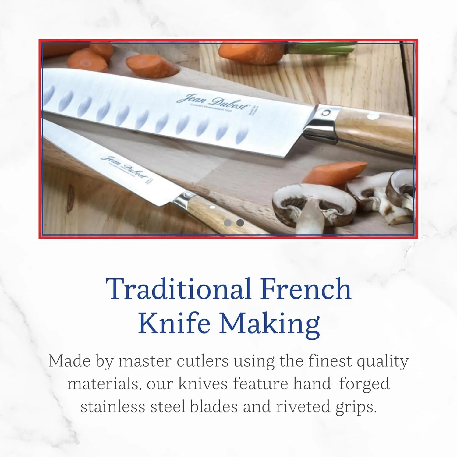 Jean Dubost Laguiole 6-Piece Steak Knife Set, Mineral Handles - 1.2 mm Blades - Rust-Resistant Stainless Steel - Includes Wooden Block - Made in France