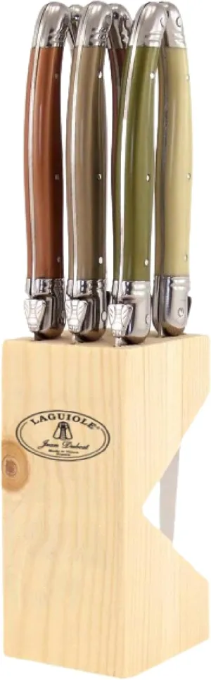 Jean Dubost Laguiole 6-Piece Steak Knife Set, Mineral Handles - 1.2 mm Blades - Rust-Resistant Stainless Steel - Includes Wooden Block - Made in France