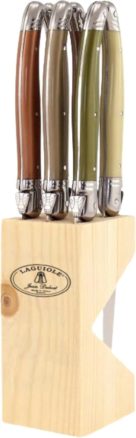 Jean Dubost Laguiole 6-Piece Steak Knife Set, Mineral Handles - 1.2 mm Blades - Rust-Resistant Stainless Steel - Includes Wooden Block - Made in France