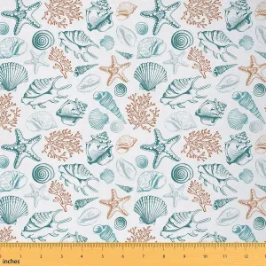 jejeloiu Ocean Upholstery Fabric by The Yard, Coastal Beach Ocean Reupholstery Fabric for Chairs, Starfish Shell Seaweed Print Decorative Waterproof Outdoor Fabric, 1 Yard