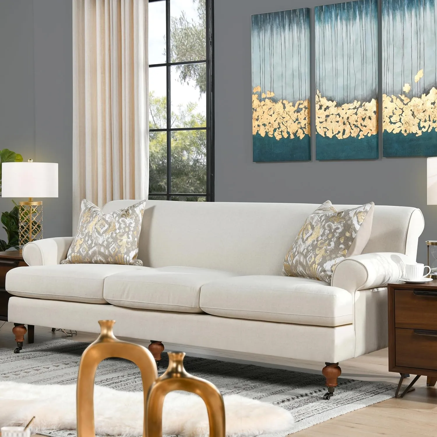 Jennifer Taylor Home Alana Lawson Recessed Arm Sofa Metal Casters, Light Beige Linen