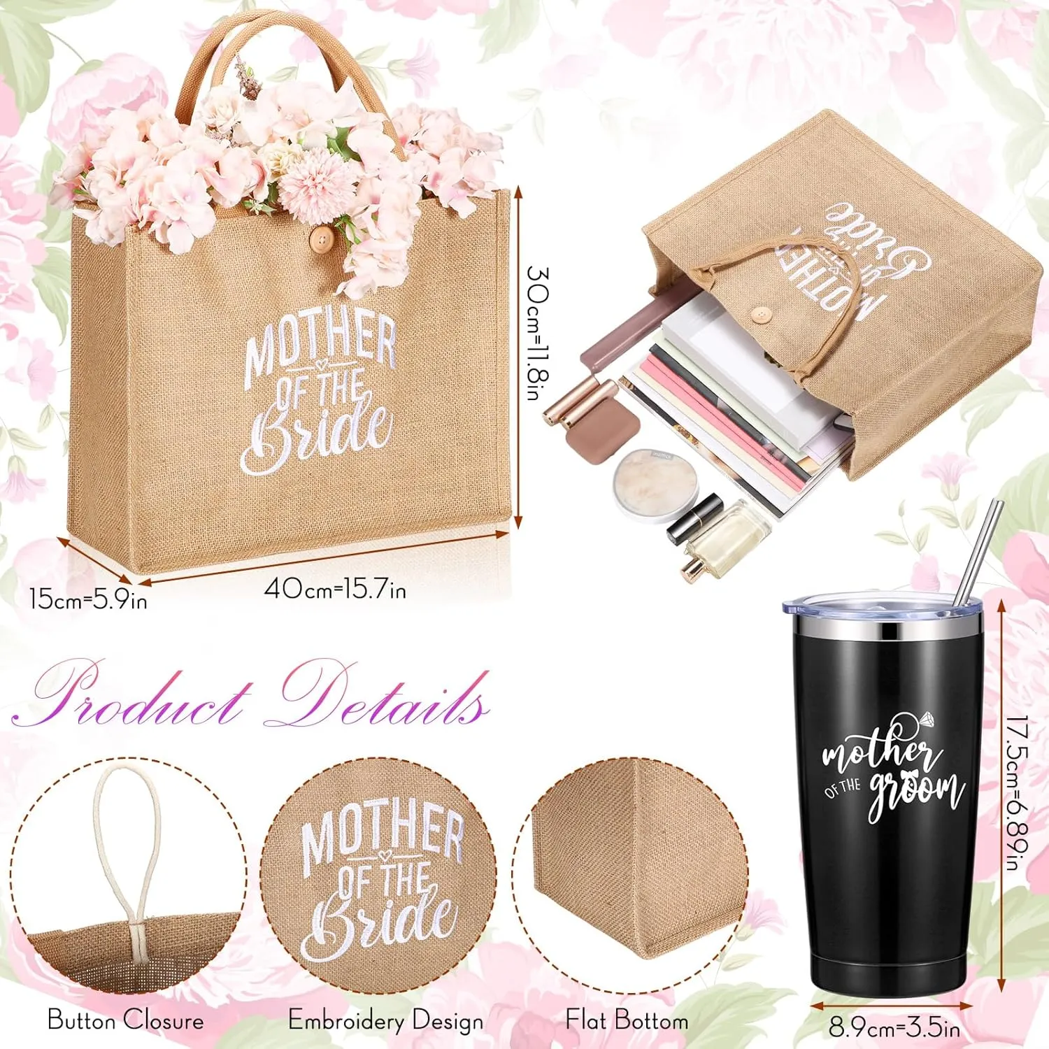 Jeyiour 6 Pcs Mother of Bride and Groom Gift Set Mother of the Groom Satin Robes Tote Bag 20 oz Stainless Steel Mug Tumblers for Engagement Wedding Bridal Party(Black)