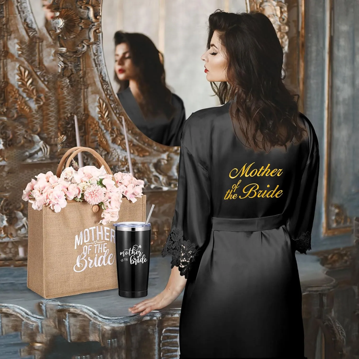 Jeyiour 6 Pcs Mother of Bride and Groom Gift Set Mother of the Groom Satin Robes Tote Bag 20 oz Stainless Steel Mug Tumblers for Engagement Wedding Bridal Party(Black)