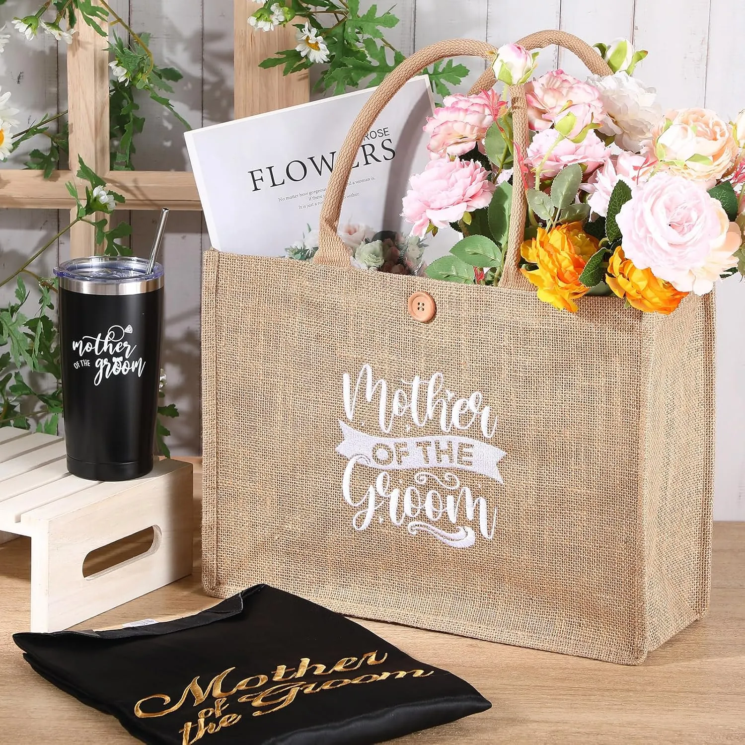 Jeyiour 6 Pcs Mother of Bride and Groom Gift Set Mother of the Groom Satin Robes Tote Bag 20 oz Stainless Steel Mug Tumblers for Engagement Wedding Bridal Party(Black)