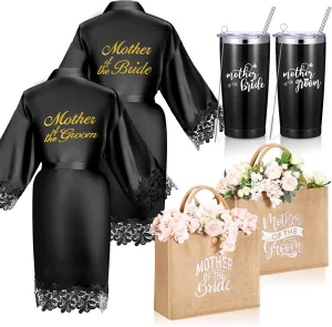 Jeyiour 6 Pcs Mother of Bride and Groom Gift Set Mother of the Groom Satin Robes Tote Bag 20 oz Stainless Steel Mug Tumblers for Engagement Wedding Bridal Party(Black)