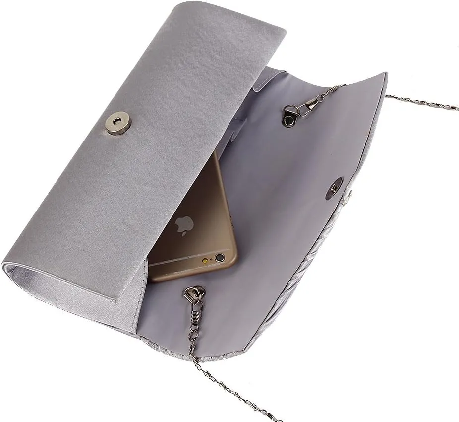 JIAN YA NA Womens Pleated Crystal-Studded Satin Handbag Evening Clutch Bags for Party Wedding Prom Cocktail